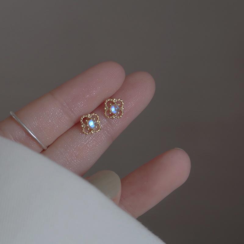Mini Hollow Moonstone Flower Stud Earrings Simple Unique Floral Earrings for Women
