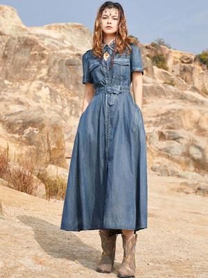 Cintura da Donna Moda Cinture Abiti Design Retrò Colletto Reversibile Estate Manica Corta Abito di Jeans Ricamato