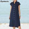 New Stand Collar One-Button Cotton Linen Pocket Oversized Dress Shirt Dress