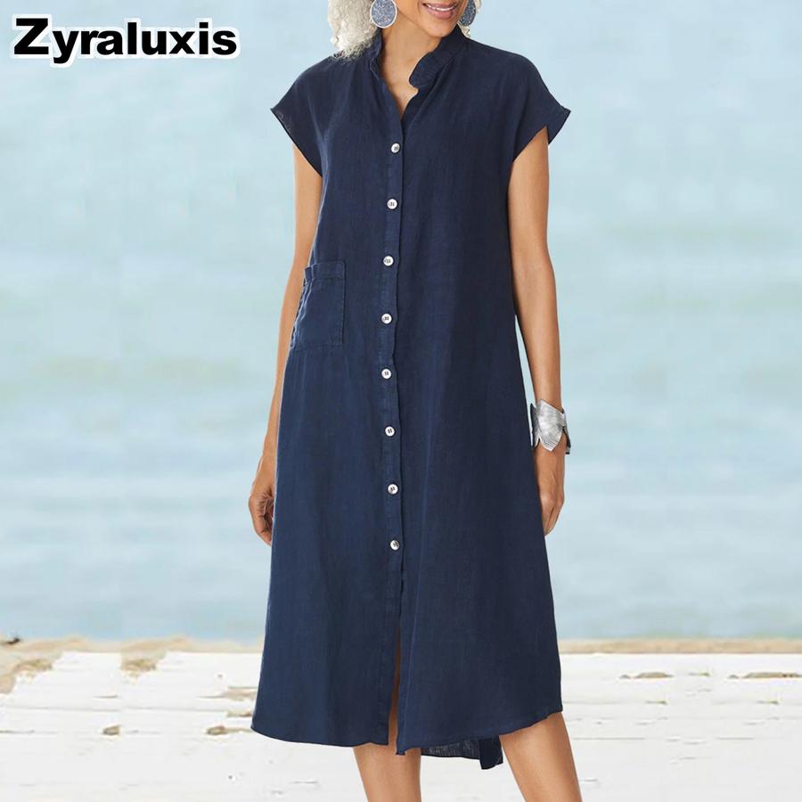 New Stand Collar One-Button Cotton Linen Pocket Oversized Dress Shirt Dress