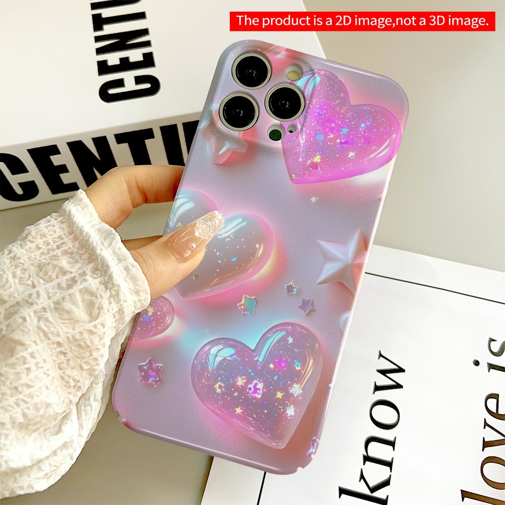 2DFlat Glowing Hearts & Stars Phone Case All Inclusive Film Hard Phone Case, Compatible with iPhone 18 Pro Max 17 16 15 14 13 12 11