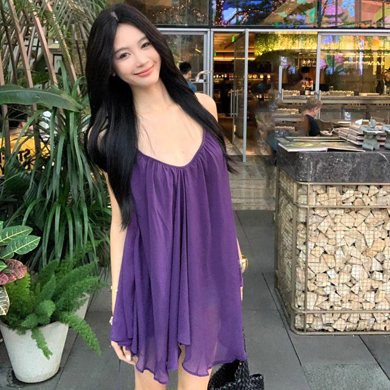 

# Sisjuly# Cool Summer Elegant Wisteria Light Yarn Frill Deep V Irregular Sling Dress Women Purple L