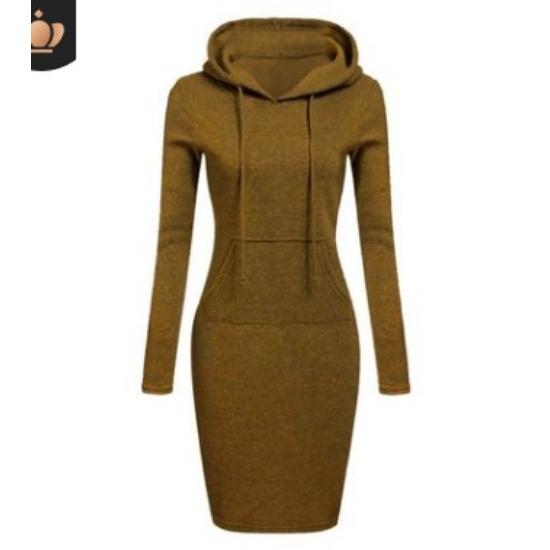 Women's Fashion Autumn Winter Solid Color Print Long Sleeve Hooded High Waist Casual Dresses