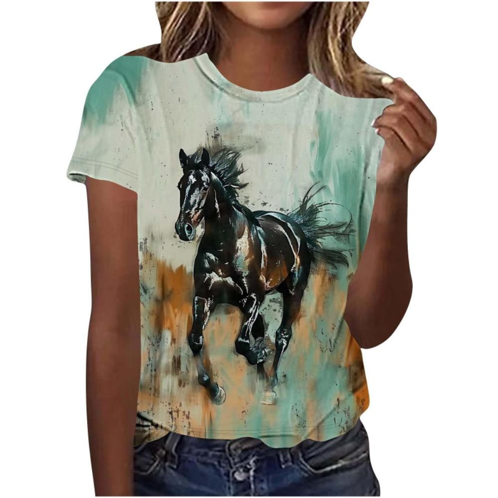 Nuova T-shirt da Uomo a Manica Corta con Stampa 3D di Cavalli da Corsa Personalità Animale Cavallo Girocollo Estiva Casual Abbigliamento Donna