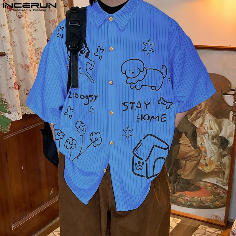 INCERUN Luźne Męskie Koszule Casual z Kołnierzykiem, Krótkim Rękawem i Paskami z Kreskówkowym Wzorem