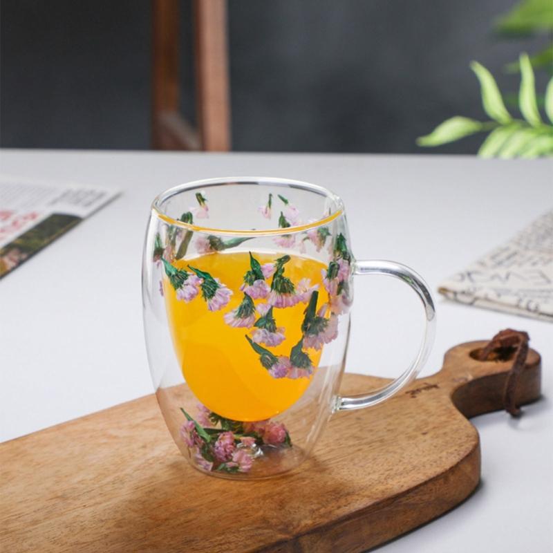 Double-layer Glass Mugs with Dry Flower and Handle for Coffee, Cocktails Elegant Glasses Cup for Entertaining Guest