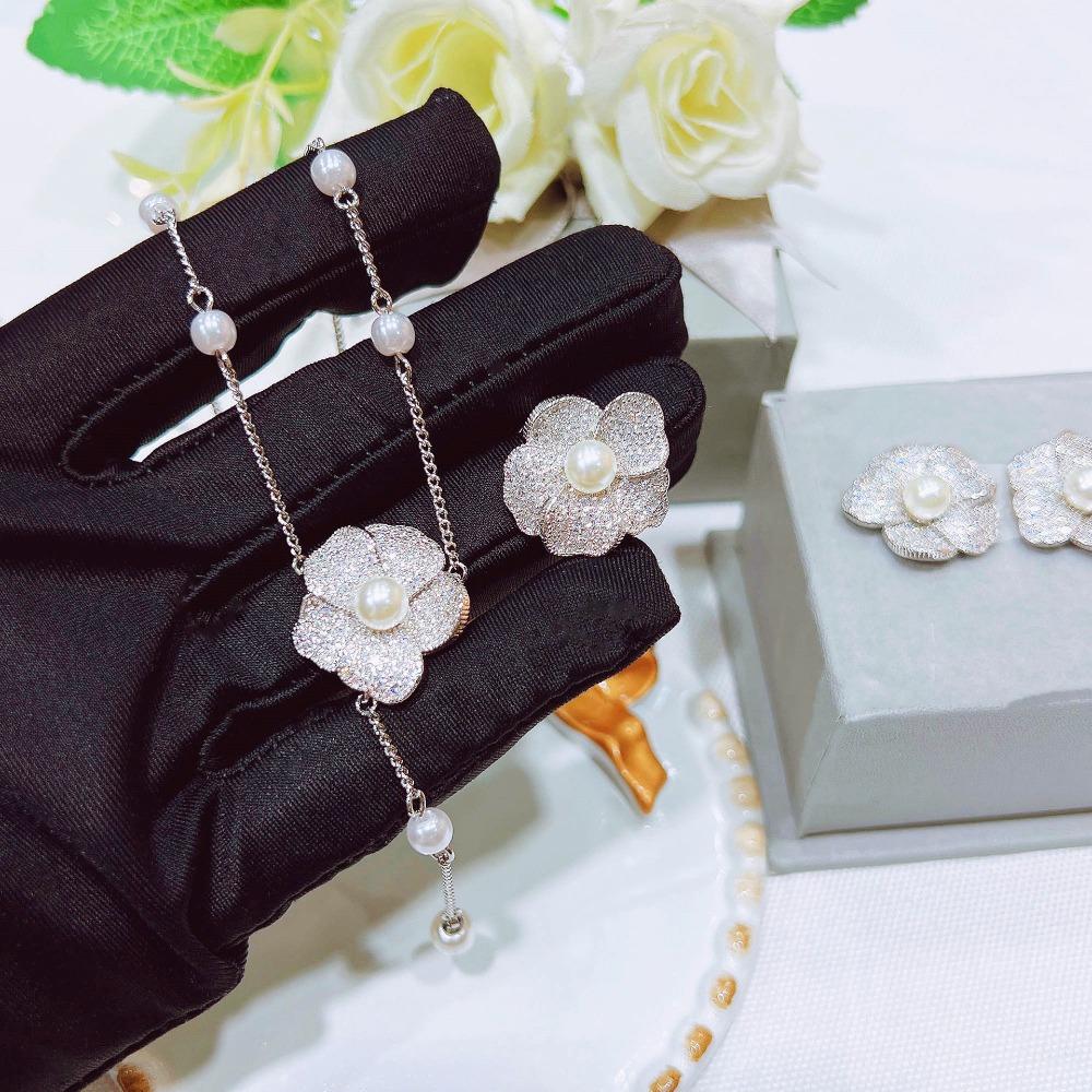 Women Jewelry Set French Luxury Pearl Camellia Flower Ring Earrings Bracelet Necklace Elegant Fashion Accessories