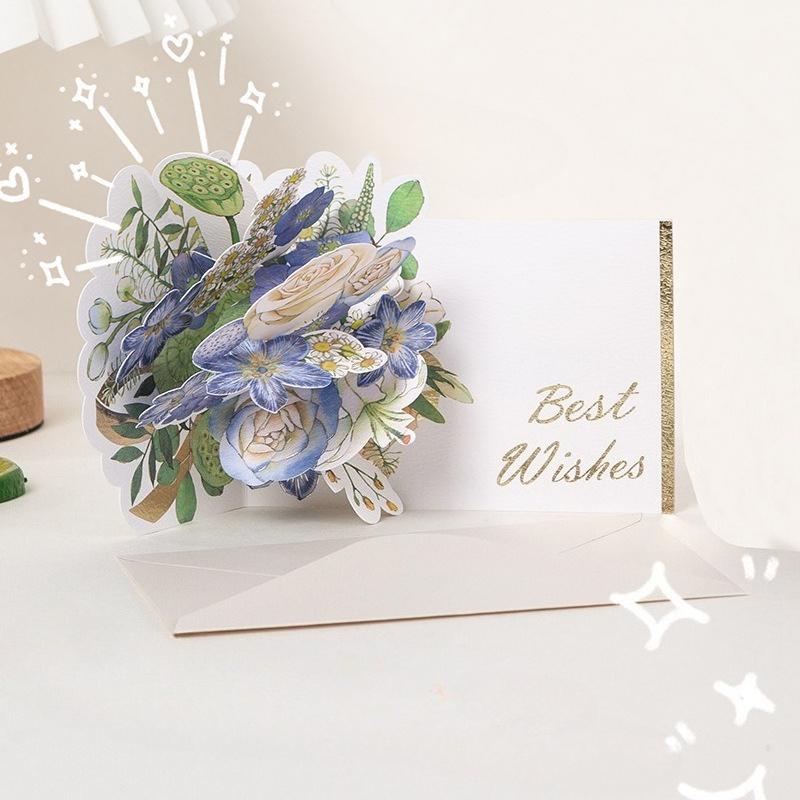 Birthday Gift Creative Watercolor Flower Greeting Card 3D Surprise Blessing Card Envelope Set Holiday Universal Best Wishes