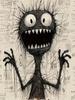 Men's Creepy Art Monster T-Shirt, Dark Fantasy Stick Monster with Wide Eyes, Newspaper Print Background, Casual Short Sleeve for Men