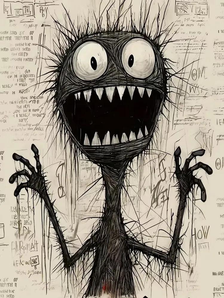 Men's Creepy Art Monster T-Shirt, Dark Fantasy Stick Monster with Wide Eyes, Newspaper Print Background, Casual Short Sleeve for Men