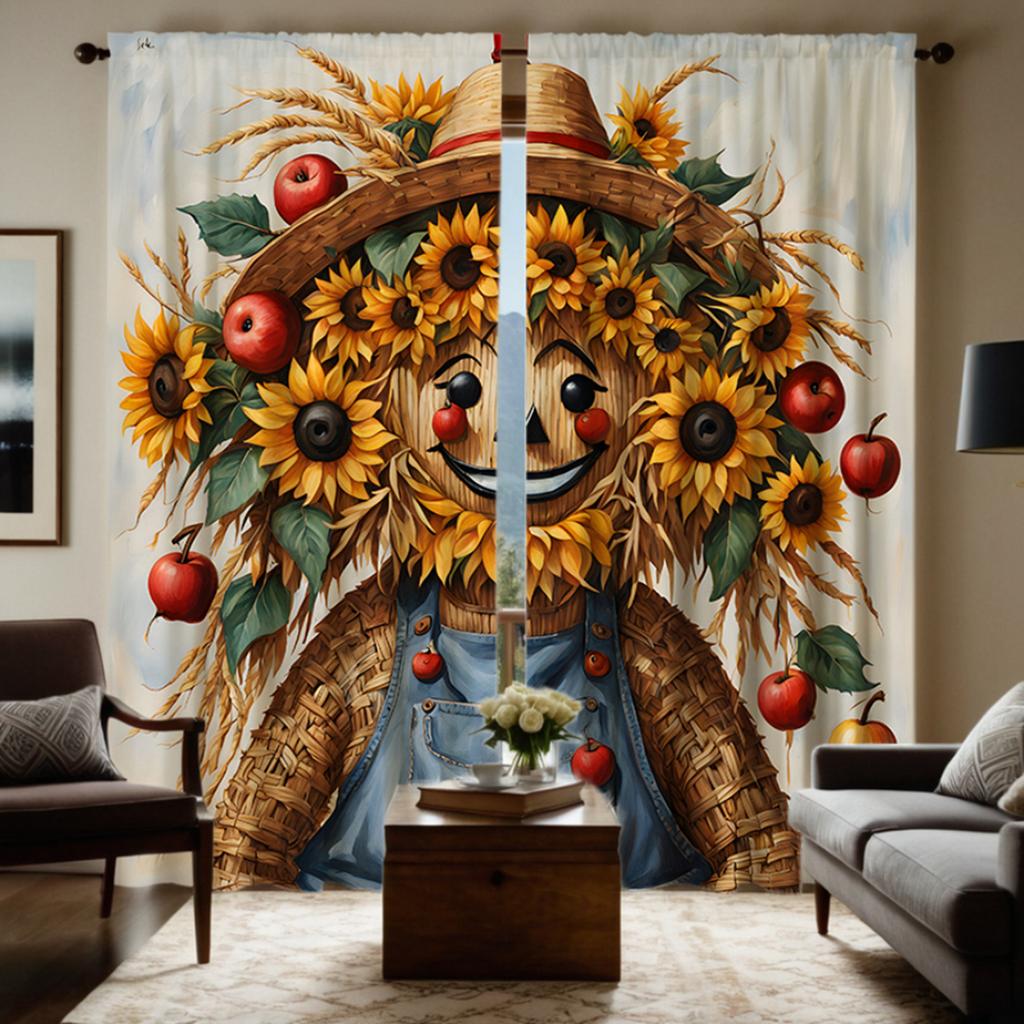 2pcs Set HD Thanksgiving Garland Scarecrow Decorative Curtain Yellow Tie Digital Printed Curtain Home Decor Style Decorative