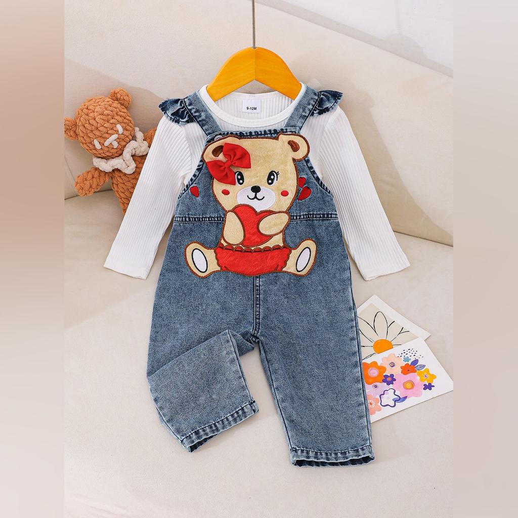 Girls' Denim Overalls Set With Cute Doll Prints, Casual Kids Outfit