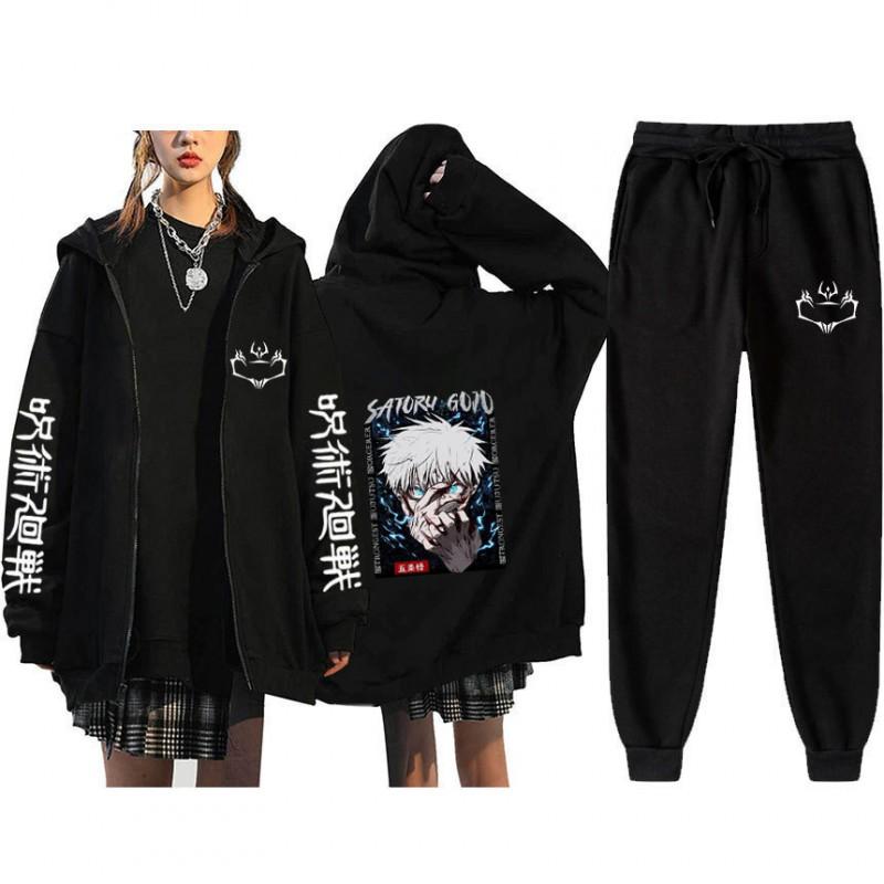 Unisex Winter Casual Sport Set With Anime Print Hooded Zip-Up Sweatshirt Jogger Pants Cotton Blend