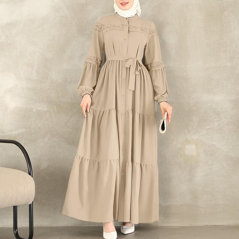 ZANZEA Kobiety Casual Okrągły Dekolt Długi Rękaw Luźna Koronkowa Patchworkowa Długa Sukienka