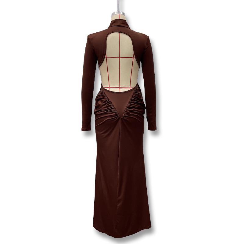 2025 European-American Autumn High Neck Ruched Backless Slim Fit Dress for Women