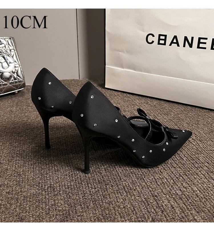 Fashion High Heeled for Women's 2025 Spring and Summer New High-end Polka Dot French Bow Square Head Black Rhinestone Single Shoe Women
