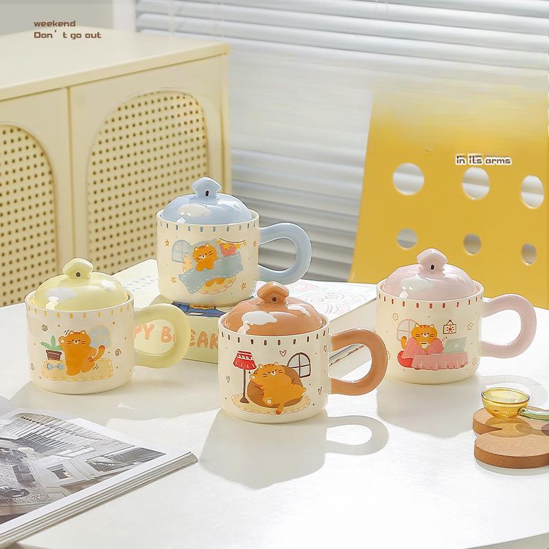 Cat Cute Cartoon Ceramic Cup with Lid Mug Coffee Cup Office Water Cup Breakfast Cup Souvenir Gift Box