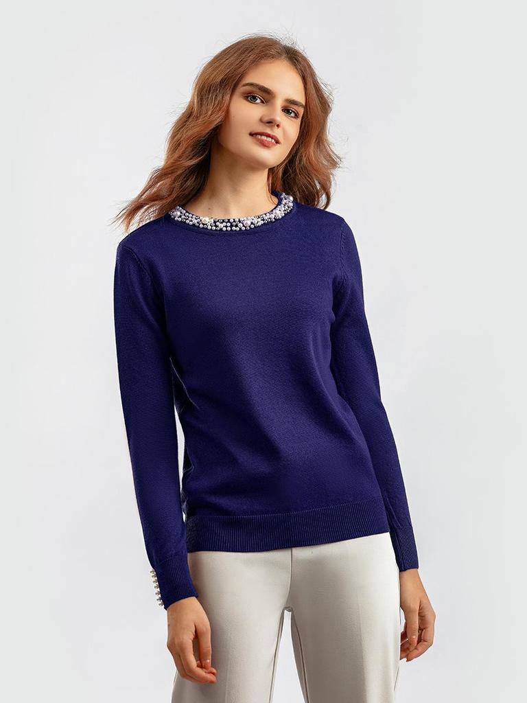 Korean Style Beaded Pullover Sweater for Women - Autumn/Winter Round Neck, Long Sleeve, Loose Fit, Slimming Knitwear, Elegant Base Layer Top