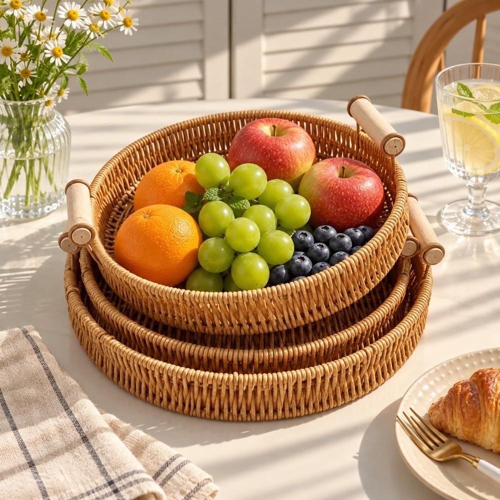 Compact Imitation Rattan Woven Baskets Handmade Storage Bin Snacks Plate Storage Basket Picnic