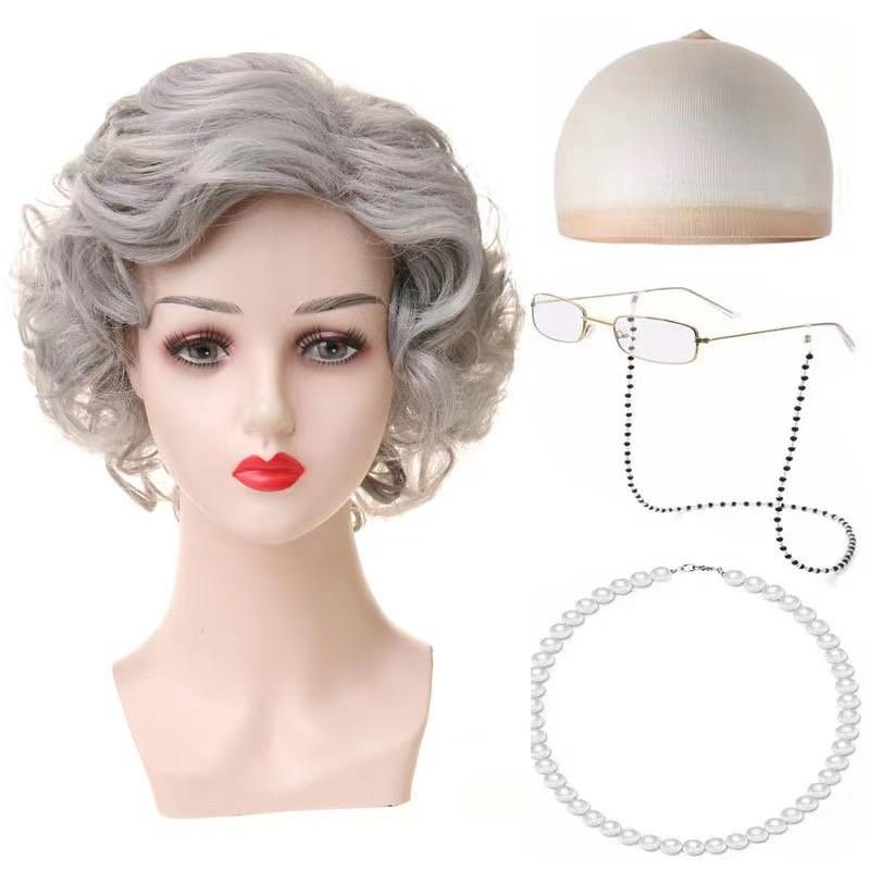 Set Parrucca Riccia da Nonna Corta Per Costume di Halloween Con Vari Colori alla Moda