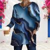 Women Plus Size Round Neck Long Sleeve Marble Printed Green Blue Gold Loose Tunic Top With Pockets