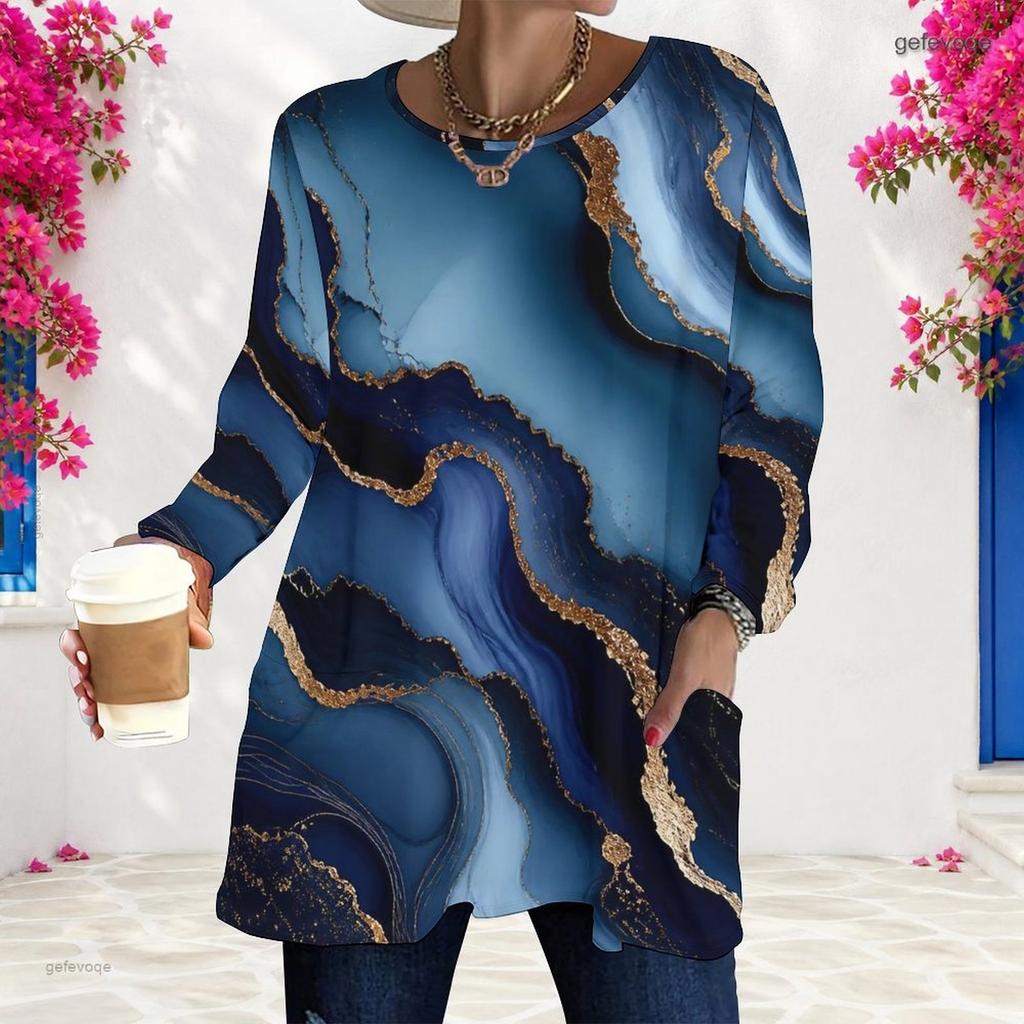 Women Plus Size Round Neck Long Sleeve Marble Printed Green Blue Gold Loose Tunic Top With Pockets