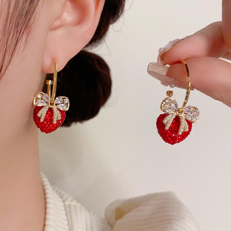 Luxury Red Full Diamond Heart Bow Knot Fashion Hoop Earrings For Women