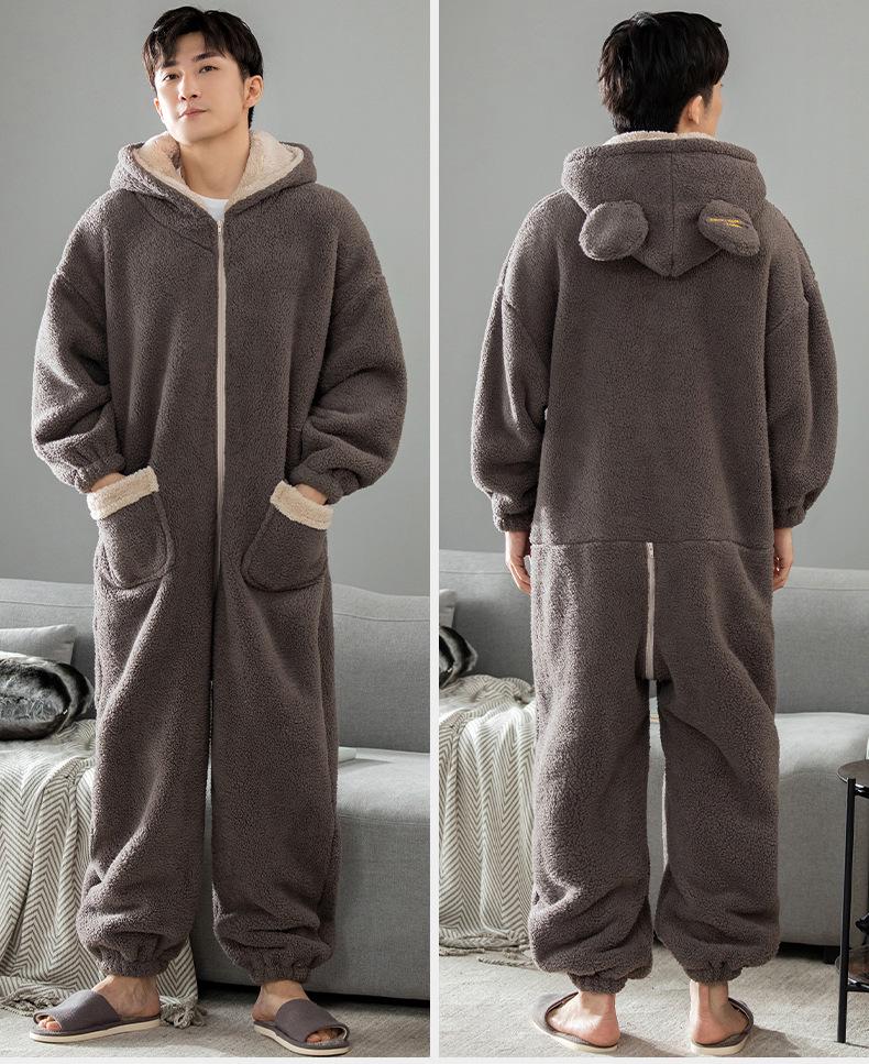 Herren Verdickter Korallenfleece Einteiler Schlafanzug - Winter/Herbst Flanell Hausanzug für Teenager & Erwachsene