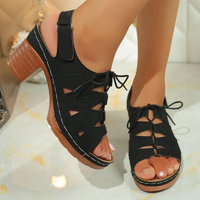 Retro Cross Tied High Heel Sandals Women Plus Size Thick Sole Non Slip Slippers Summer Hollow Comfort Chunky Platform Beach Shoe