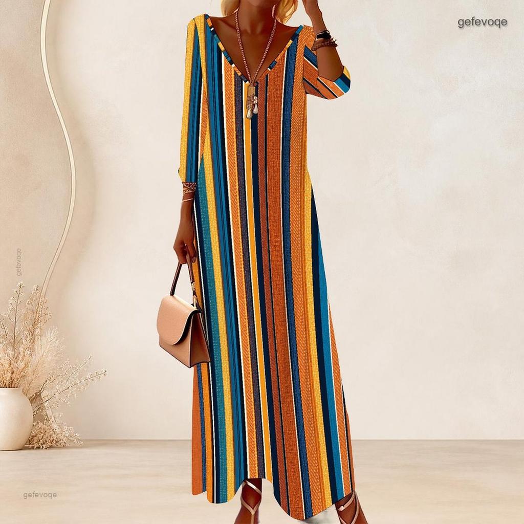 Women Plus Size V Neck Three Quarter Sleeve Polka Dot Printed Long Dress