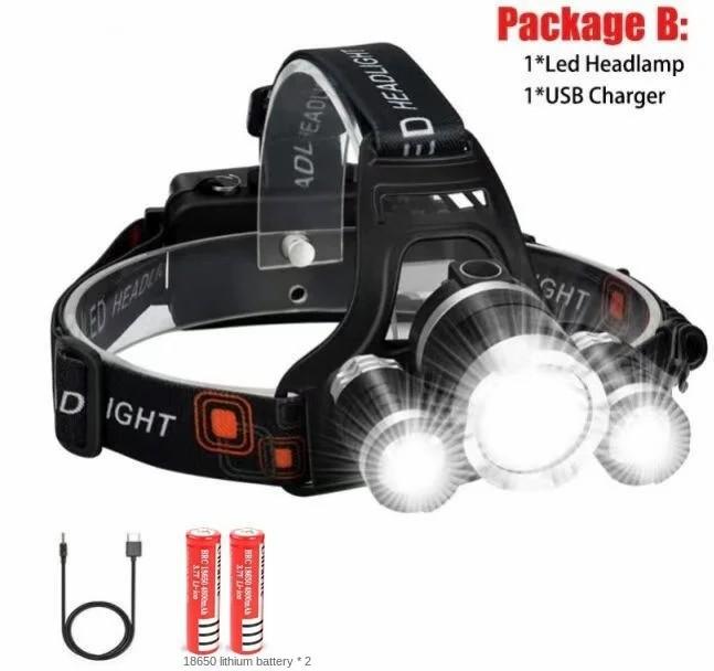 D2 Super Bright 3 Led Headlamp 18650 Battery Rechargeable Head Flashlight Torch 4-Mode Outdoor Camping Fishing Hunting Headlight