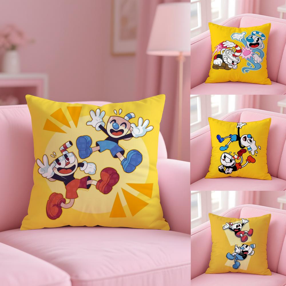 Classic Cute Game C-Cuphead Cushion Cover Plush Fabric Soft Double-Sided Printed Sofa Pillow Case Colorfast Home Decor Gift
