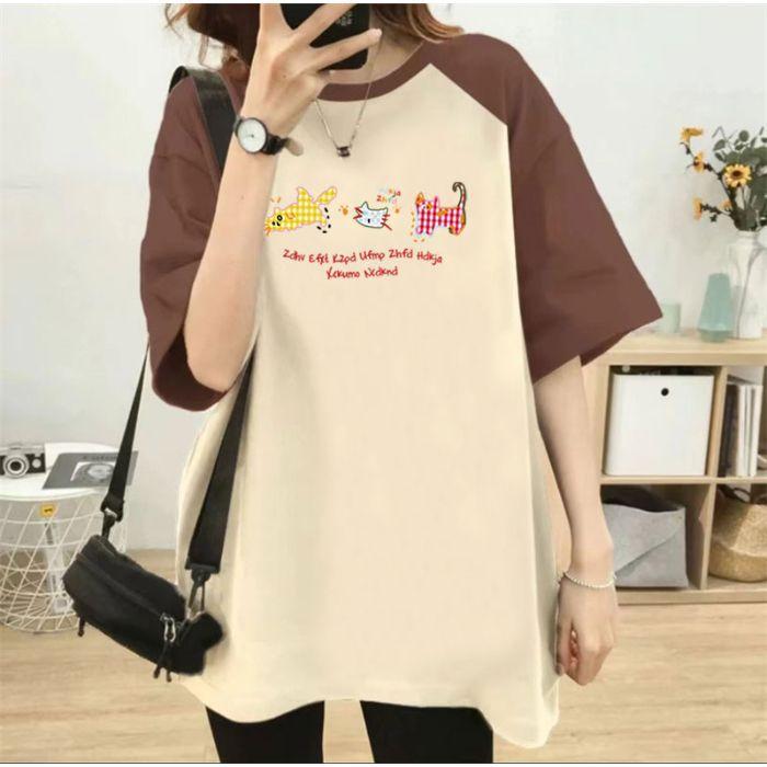 College Style Outfit with Large Size Rag-shoulder Color Block Short-sleeved Cotton T-shirt for Girls In Spring and Summer New Loose Round Neck Top