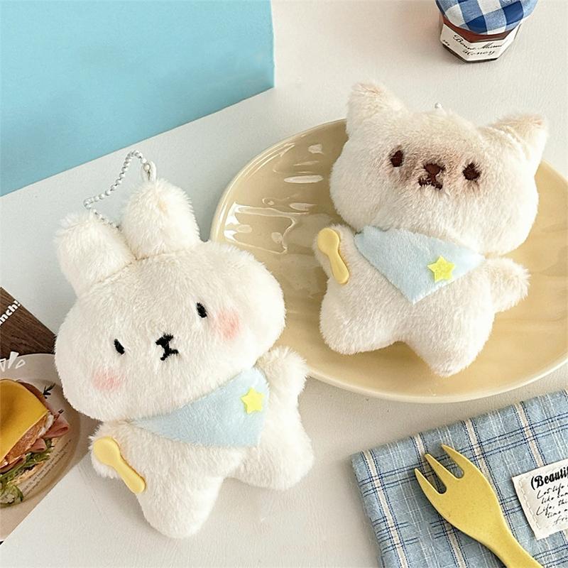 Cute Cartoon Kitten Bunny Plush Toy Keychain Kawaii Soft Stuffed Doll Keychain Pendant Car Key Ring Backpack Decoration Gifts