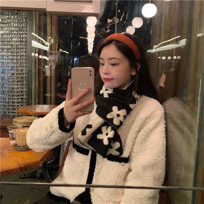 Versatile Double-sided Flower Knitted Scarf Women's Autumn and Winter New Warm Student Scarf Trendy Wool Shawl