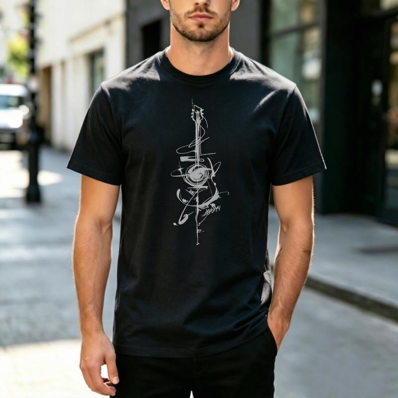 Minimalist Ink Brush Art Abstract Guitar Graphic Short Sleeve T Shirt Unisex Unisex Cotton Soft Daily Streetwear Casual Music Lover