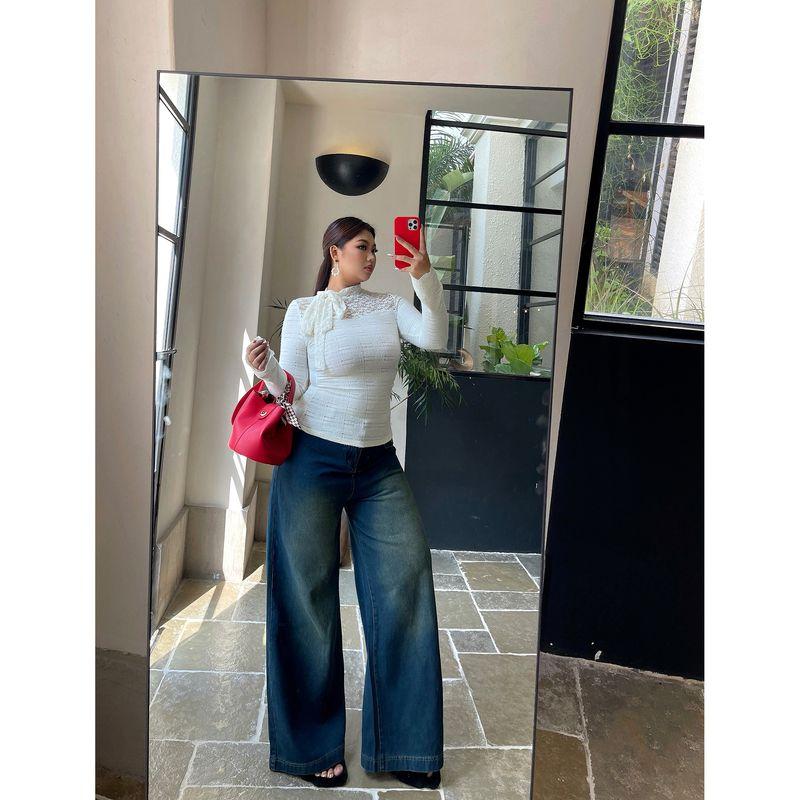 

Brother Nan Loose-Fit Fashion Retro Wide Leg Denim Female Plus Size High Waist Loose Straight-leg Slim Looking Plus Size Ladies Draped Pants Blue 2XL