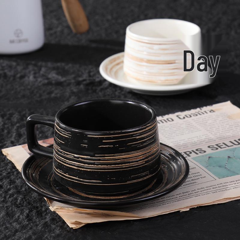 Embossed Ceramic Coffee Cup & Saucer with Brushed Texture - Perfect for Office and Tea Time