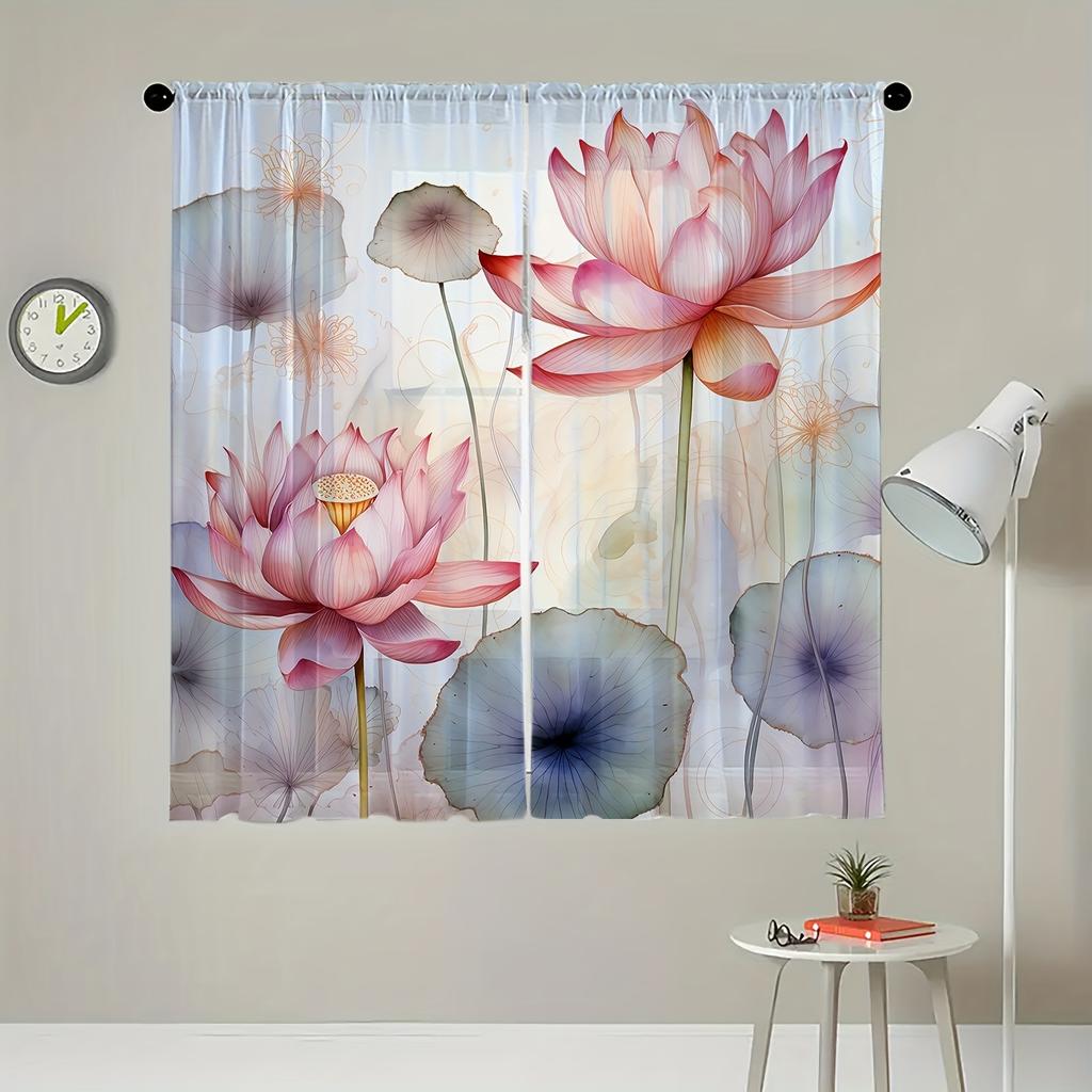 Modern Lotus Sheer Curtains Polyester Bedroom Living Room Kitchen Caf Balcony Garden Semi Set Of 2 Made With Rod Pocket Decor