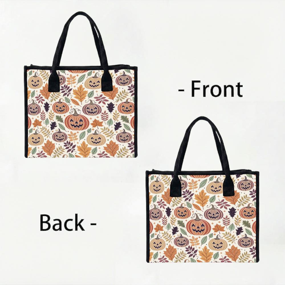 Halloween Pumpkin Printed Tote Bag Casual Large Capacity Leaf Pattern Handbag for Daily Use