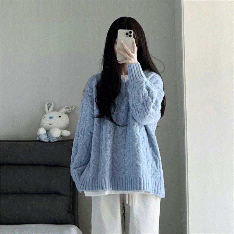 Spicy Girl Lazy Style V-Neck Oversized Sweater for Women Autumn & Winter Korean Version Soft Loose Twist-Knit Top Chunky Yarn