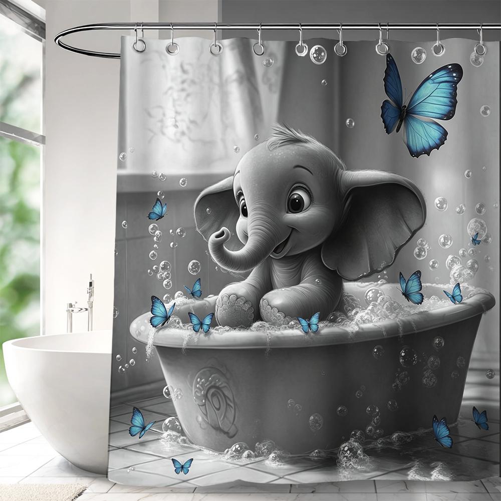 Funny Elephant Shower Curtain,Lovely Bathing Elephant Bathtub Curtain,Animal Pet Bathroom Decor,Fabric Waterproof Bathroom