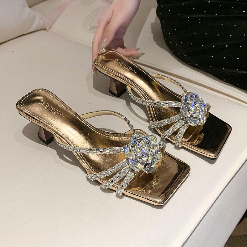French rhinestone high-heeled slippers for women's wear 2025 new gentle temperament one-word stiletto open-toed square sandals