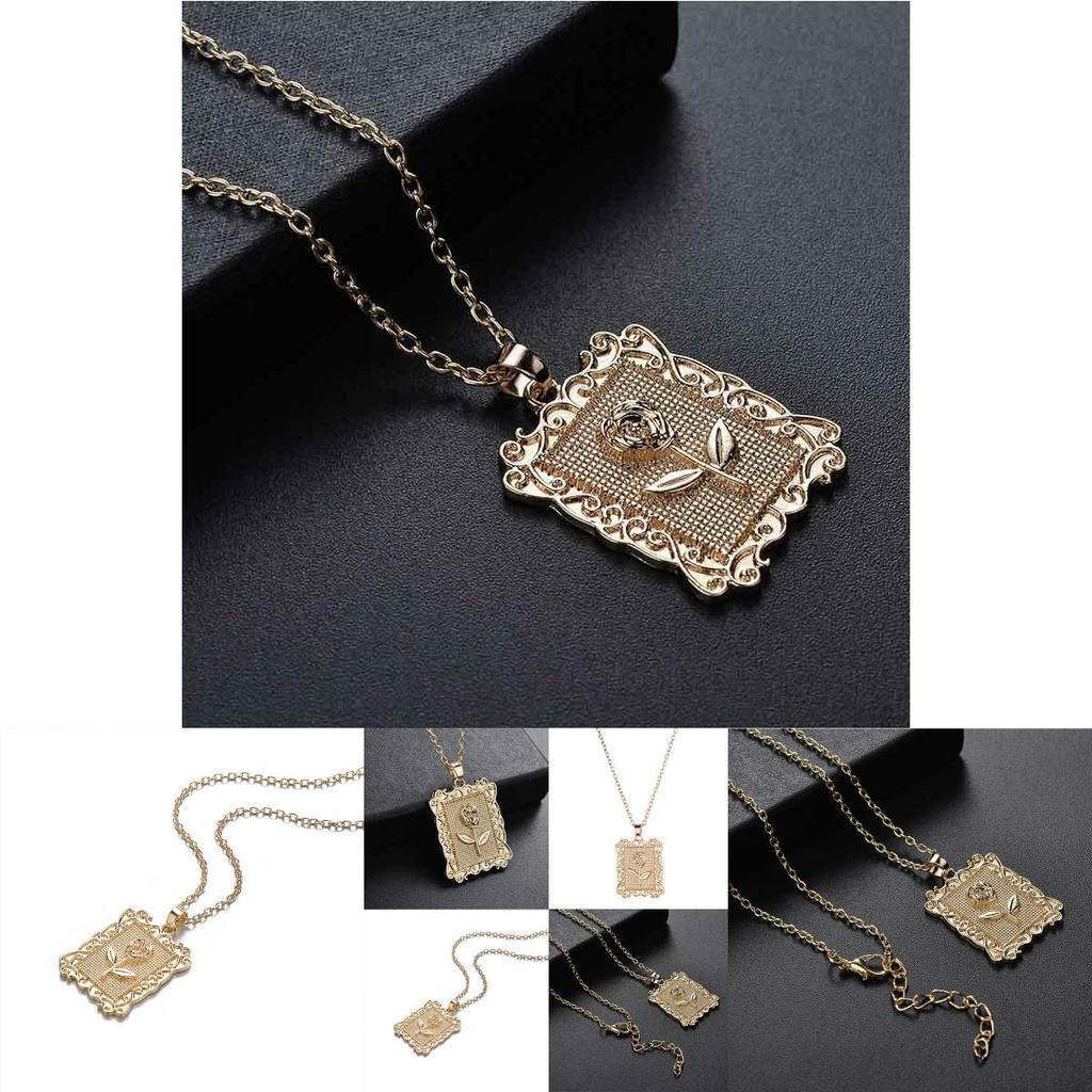 Gold Plated Pop Geometric Square Rose Flower Necklace Clavicle Sweater Chain Elegant Jewelry For Women