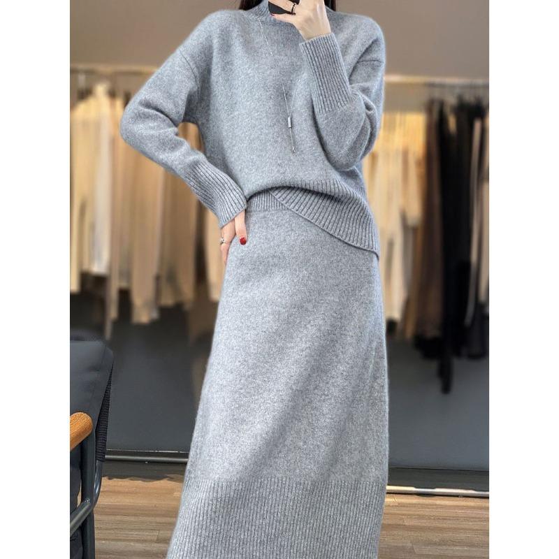 turtleneck sweater set autumn and winter new solid color simple casual lazy style temperament pullover bottoming knitted sweater skirt