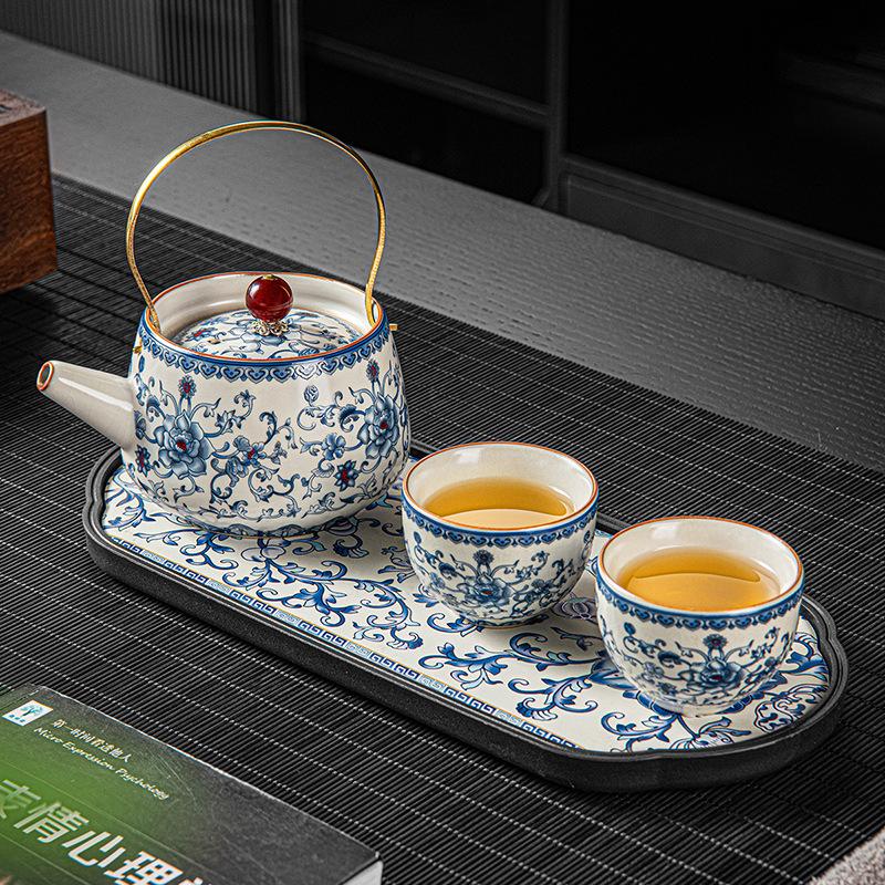 New Chinese Style Huangru Kiln Flower Teaware Sets with One Pot and Two Cups Tea Set and Dry Brewing Plate Tea Stand