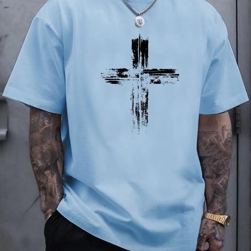 Men's summer cotton fashionable casual loose plus size retro cross print sports round neck short sleeved T-shirt top