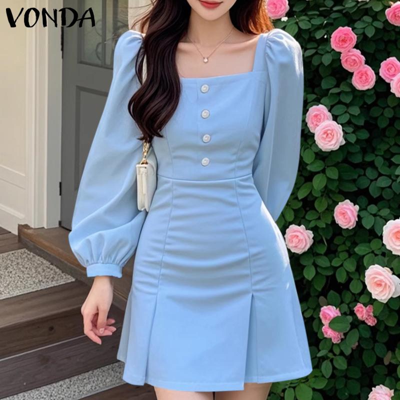 VONDA Women Casual Square Neck Puff Long Sleeve Solid Color Hip Dresses