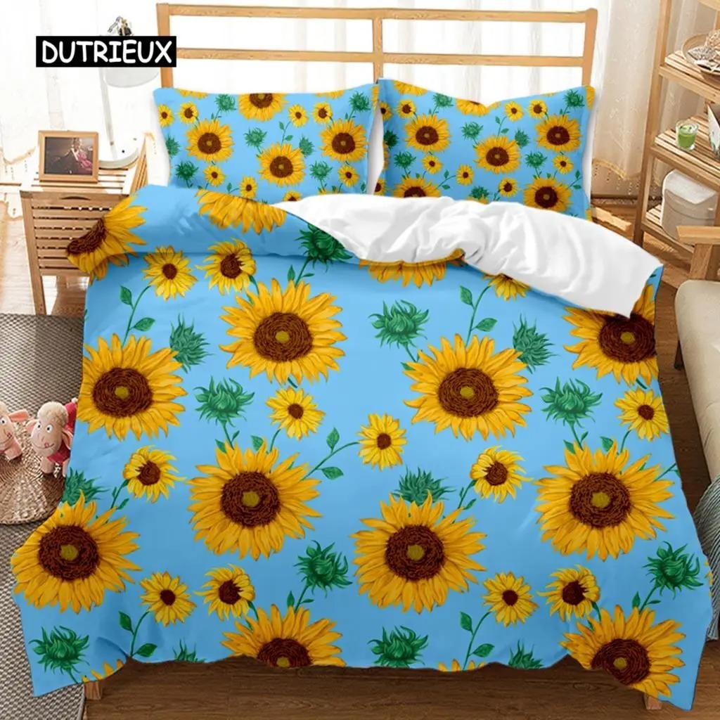 Sunflower Duvet Cover Set Girly Yellow Floral Print Twin Comforter Cover Women Blossom Flowers