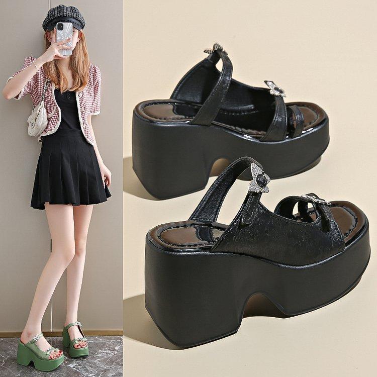 Summer France Style Outside Slim 10 CM High Heels Platform Peep Toe ButterFly Decoration Genuine Leather Women Rome Slippers